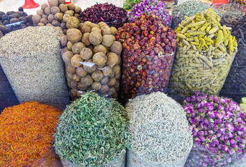 Variety of spices and herbs on street market - obrazy, fototapety, plakaty