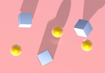 Abstract pink background with golden balls and blue cubes jumping in top view unusual perspective
