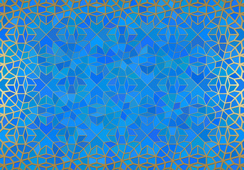 Abstract background with islamic ornament, arabic geometric texture. Golden lined tiled motif.