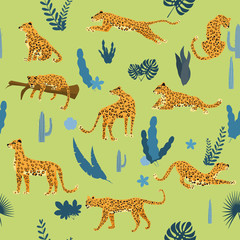 Seamless pattern with leopards in different poses with tropical leaves, plants, mammal, predator, jungle