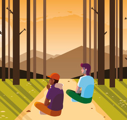 men couple contemplating horizon in the forest scene