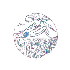 Gradient illustration with a landscape - meadow, tree, mountains, beautiful sky.