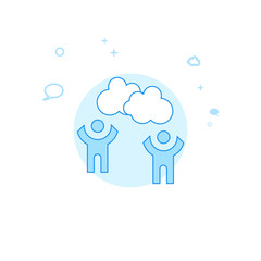 Two People Thinking Together Flat Vector Illustration, Icon. Light Blue Monochrome Design. Editable Stroke