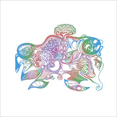 A drawing with two souls that tripe in one another. Cosmos, lotus, ghosts. Psychedelic illustration.