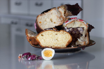 leftover of Easter cake and half a bit of an egg on white table