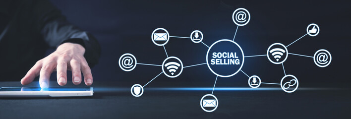 Internet, communication, technology. Concept of social selling - obrazy, fototapety, plakaty