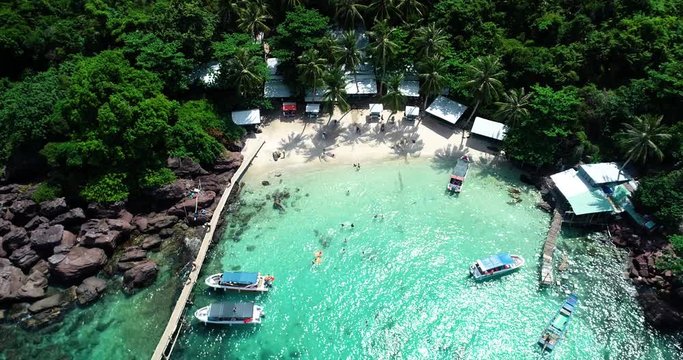 Phu Quoc Island by fly cam QUA G&Oacute;C NH&Igrave;N .Aerial view for beautiful beach with palms and crystal clear water 