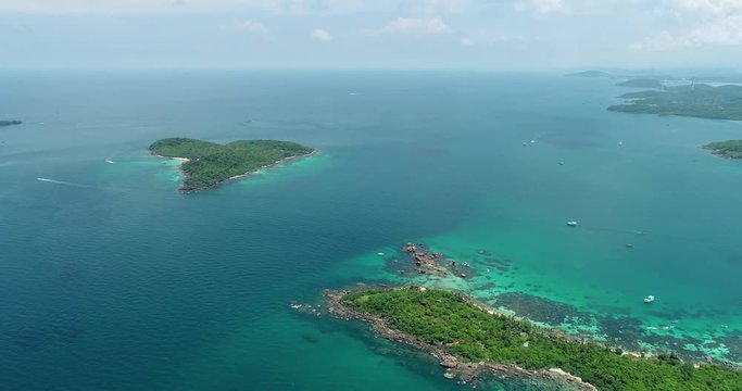 Phu Quoc Island by fly cam QUA G&Oacute;C NH&Igrave;N .Aerial view for beautiful beach with palms and crystal clear water 