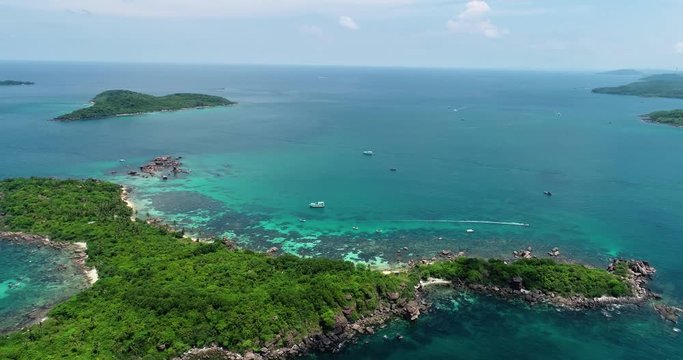Phu Quoc Island by fly cam QUA G&Oacute;C NH&Igrave;N .Aerial view for beautiful beach with palms and crystal clear water 