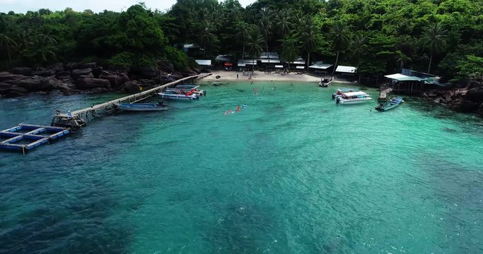 Phu Quoc Island by fly cam QUA G&Oacute;C NH&Igrave;N .Aerial view for beautiful beach with palms and crystal clear water 