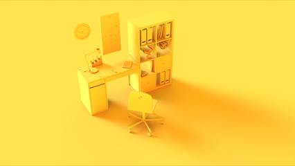 Yellow Small Contemporary Home Office Setup with Bookshelf Wall Clock Calculator Desk Lamp an Files 3d illustration 3d rendering