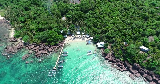Phu Quoc Island by fly cam QUA G&Oacute;C NH&Igrave;N .Aerial view for beautiful beach with palms and crystal clear water 