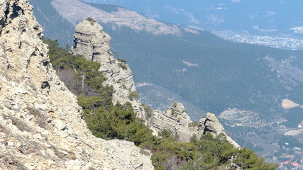 mountain, landscape, nature, sky, rock, mountains, blue, forest, view, travel, summer, rocks, cliff, tree, peak, green, sea, clouds, alps, top, hill, hiking, panorama, stone, scenic