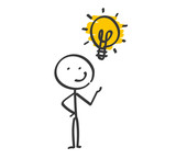 Strichmännchen mit Glühbirne hat eine Idee
