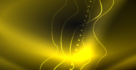 Glowing abstract wave on dark, shiny motion, magic space light. Techno abstract background