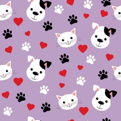 Seamless pattern with cute cats and dogs. Lovely vector illustration and design for fabrics, textile, wallpaper and background for kids. Purple background