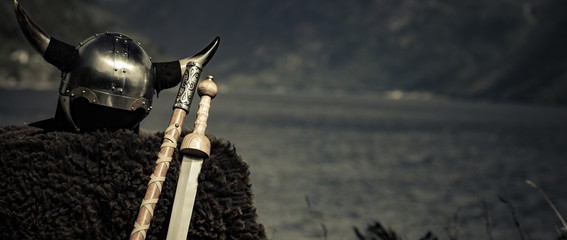 Viking helmet on fjord shore, Norway