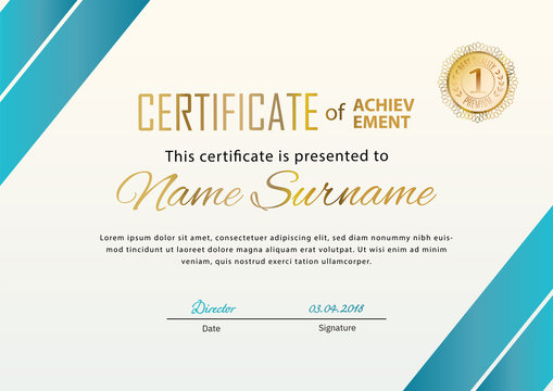 Official certificate with gold turquoise design elements. Business beige modern design. Gold emblem