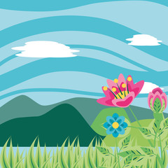 Fototapeta na wymiar landscape nature with flowers and mountains