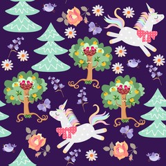 Seamless pattern with cute cartoon unicorns, jamping in magical forest. Print for fabric, wallpaper.