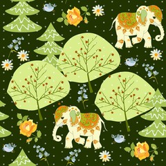 Seamless pattern with cute cartoon elephants running through a magical forest. Printing on fabric, wallpaper.