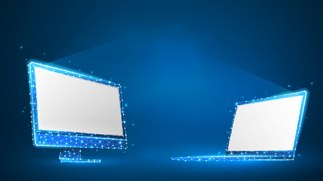 Laptop and computer monitors composed of polygons. Electronic devices with white screen. Abstract, digital, wireframe, low poly mesh Raster blue neon 3d illustration. Triangles, lines, dots, stars