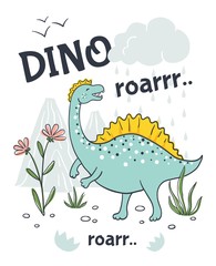 Doodle dinosaur poster. Cute cartoon animal character, hand drawn friendly baby dragon. Vector funny quirky sketch print design © SpicyTruffel
