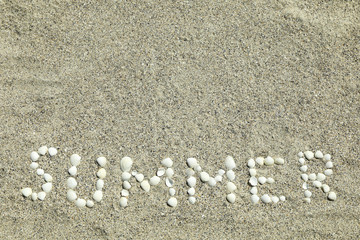 Fototapeta na wymiar Sea sand with inscription summer, space for text. Summer backdrop