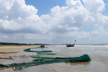 at the seaside Seine traditional fisherman catch a fish