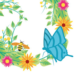 decoration of flowers with bee and butterfly