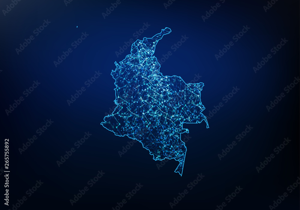 Aufkleber abstract of colombia map network, internet and global connection concept, wire frame 3d mesh polygon