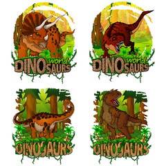 Set of dinosaur world logos. Vector illustration. Tyrannosaurus, Triceratops, Titanosaurus, Carnotaurus