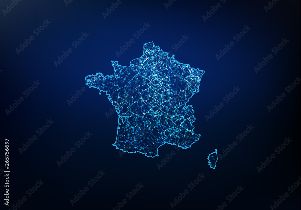 Poster abstract of france map network, internet and global connection concept, wire frame 3d mesh polygonal
