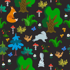 Vector seamless pattern with wild animals in forest. Hand drawn texture with cute cartoon characters, trees and other natural elements isolated on dark background.