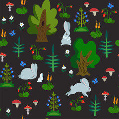 Vector seamless pattern with rabbits in forest. Hand drawn texture with cute cartoon characters, trees and other natural elements isolated on dark background.