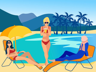 Obraz na płótnie Canvas Muslim and european women on the beach. Vacations of different religions. In minimalist style Cartoon flat Vector
