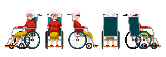 Vector illustration of elderly woman sitting in a wheelchair. Cartoon realistic people. Flat woman. Front, side and back views. Isometric view. Grandmother, happy old people with physical disability.