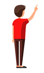 Back view animated character. Designer character. Cartoon style, flat vector illustration of smiling boy with short hair in casual clothes. Standing man with hand up. Choosing pose. Interactive.