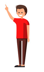 Front view animated character. Designer character. Cartoon style, flat vector illustration of smiling boy with short hair in casual clothes. Standing man with hand up. Choosing pose. Interactive. 