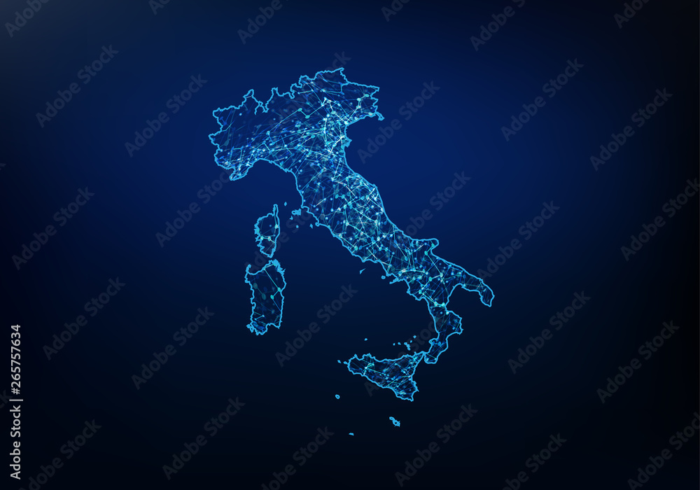 Poster abstract of italy map network, internet and global connection concept, wire frame 3d mesh polygonal 