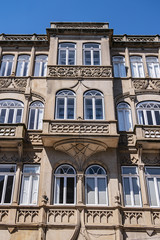 Obraz premium Fragments of traditional Portuguese architecture of old buildings in Porto old town, Portugal.