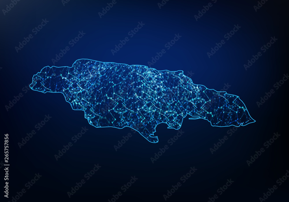 Poster abstract of jamaica map network, internet and global connection concept, wire frame 3d mesh polygona