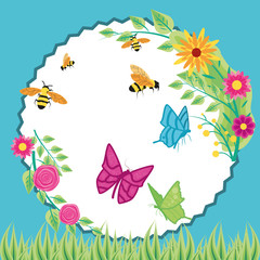 flowers with bees and butterflies in frame circular