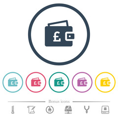Pound wallet flat color icons in round outlines