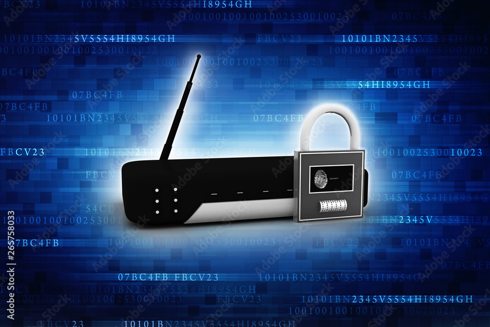 Poster 3d rendering transmitter wi-fi with lock
