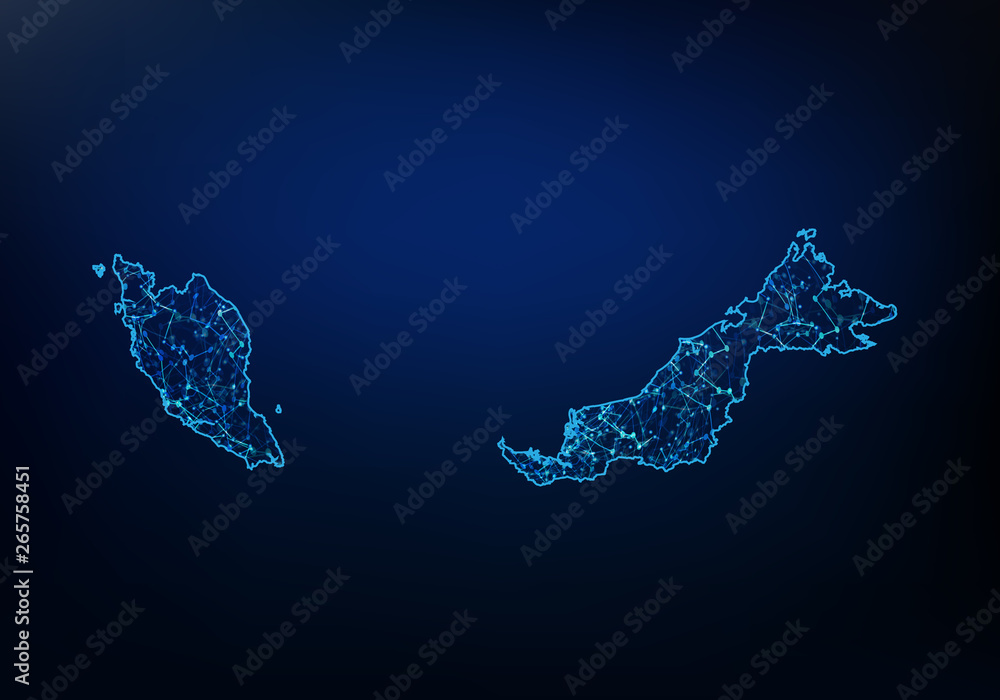 Aufkleber abstract of malaysia map network, internet and global connection concept, wire frame 3d mesh polygon