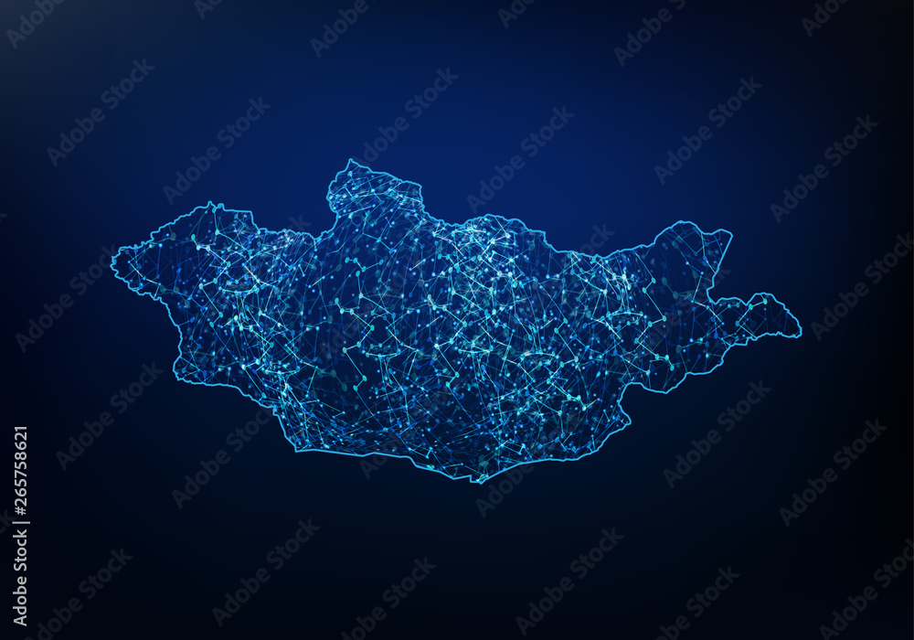 Aufkleber abstract of mongolia map network, internet and global connection concept, wire frame 3d mesh polygon