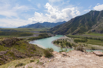 Panoramic view of an Altai mountain Katun river. Place of confluence of Katun and Chuya rivers....