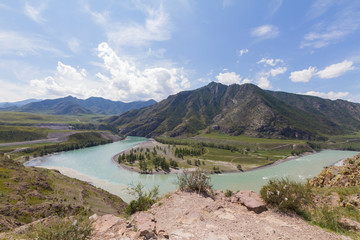 Panoramic view of an Altai mountain Katun river. Place of confluence of Katun and Chuya rivers....