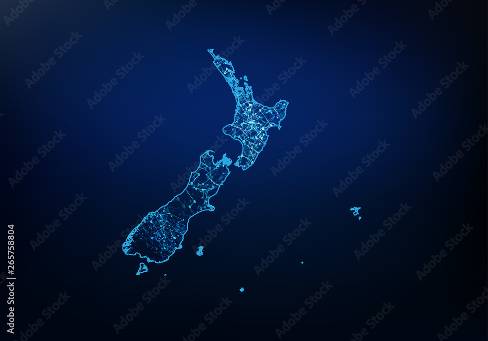 Aufkleber abstract of new zealand map network, internet and global connection concept, wire frame 3d mesh poly
